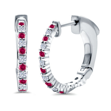 Half Eternity Huggie Hoop Earrings Round Simulated Ruby CZ 925 Sterling Silver (14mm)